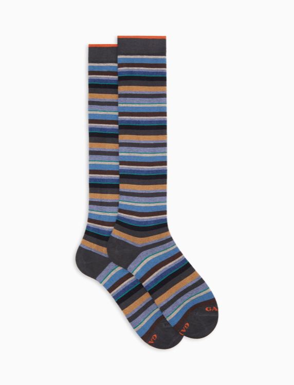 Calze lunghe in cashmere grigie a righine multicolor
