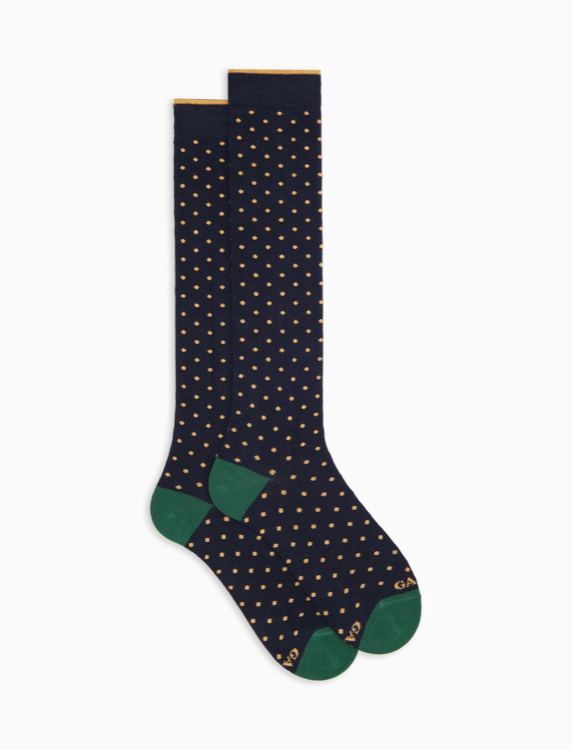 Calze lunghe blu a pois, tallone e punta verdi