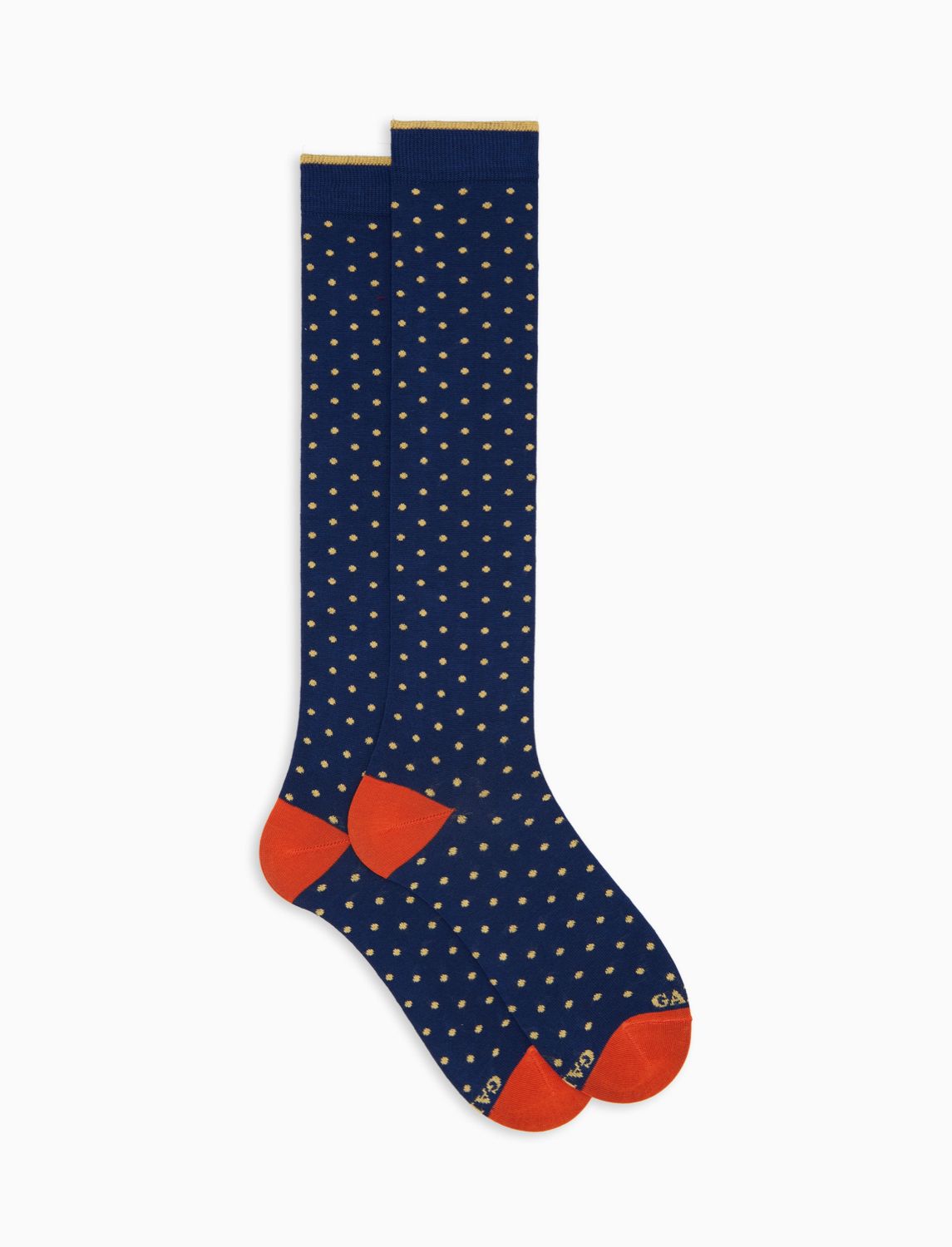 Calze lunghe blu a pois, tallone e punta arancio – foto 1
