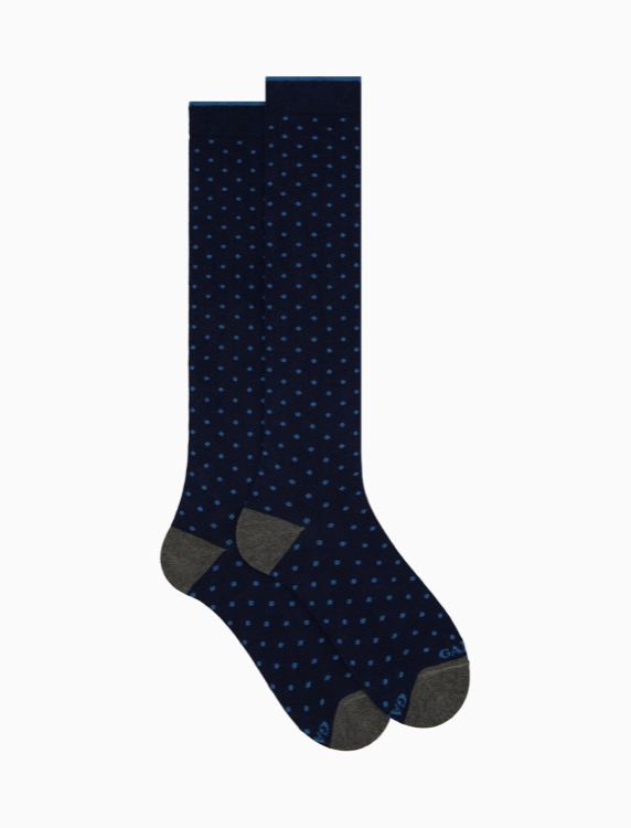 Calze lunghe blu a pois, tallone e punta grigi