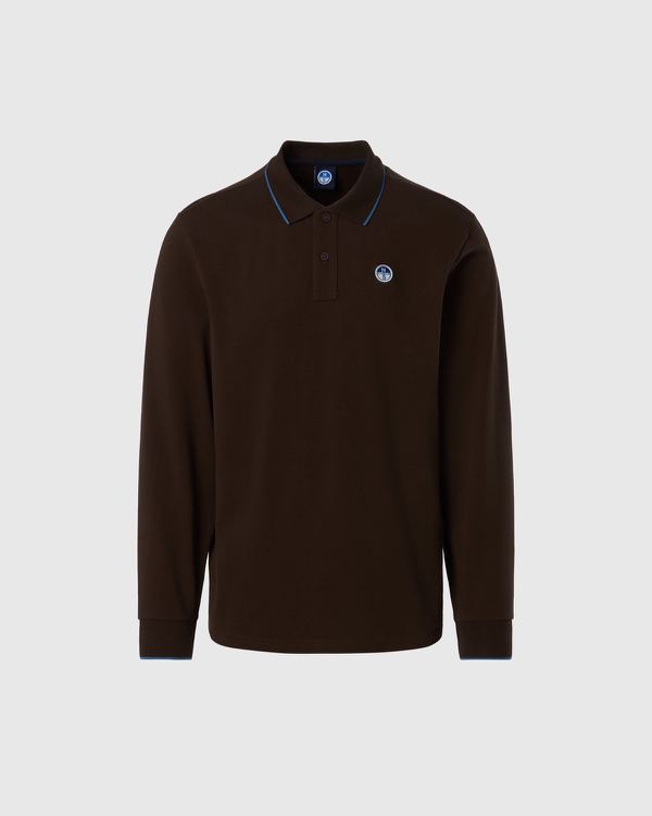 Polo a maniche lunghe con patch logo marrone scuro
