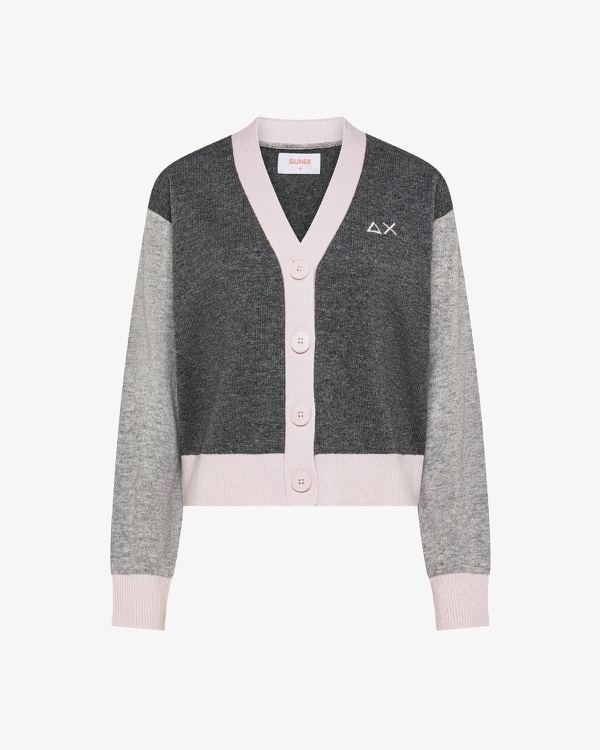 Cardigan color block in lana e cashmere grigio scuro