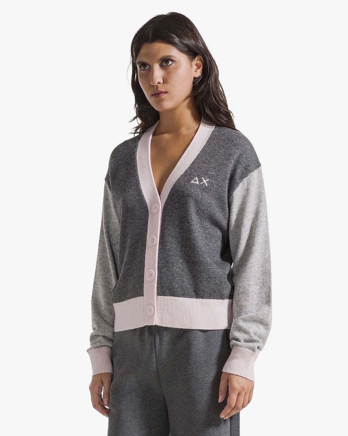 Cardigan color block in lana e cashmere grigio scuro – foto 2